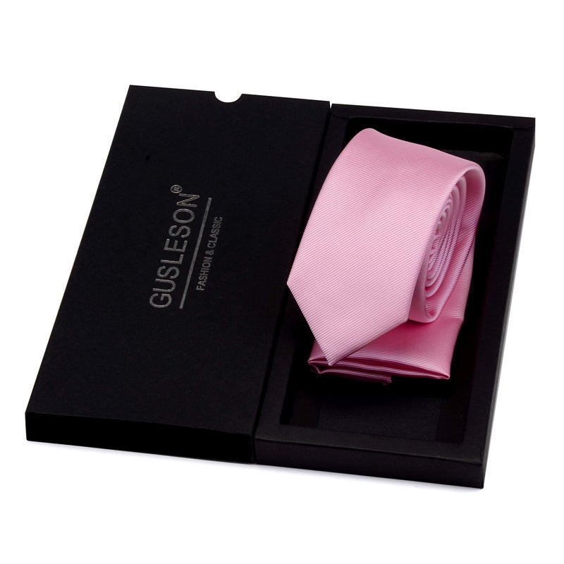 GUSLESON Wedding Slim Tie and Pocket Square Set For Men Solid Light Pink Ties Skinny Necktie (0754-26) - Image 3